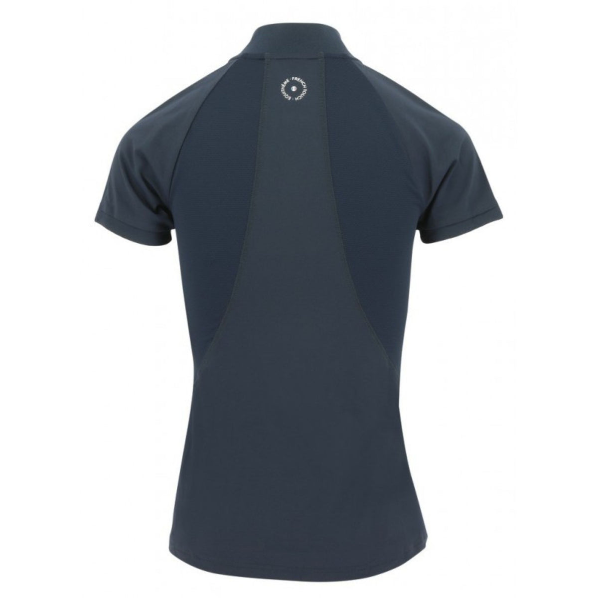 Back of the navy polo with mesh panels and Equitheme logo