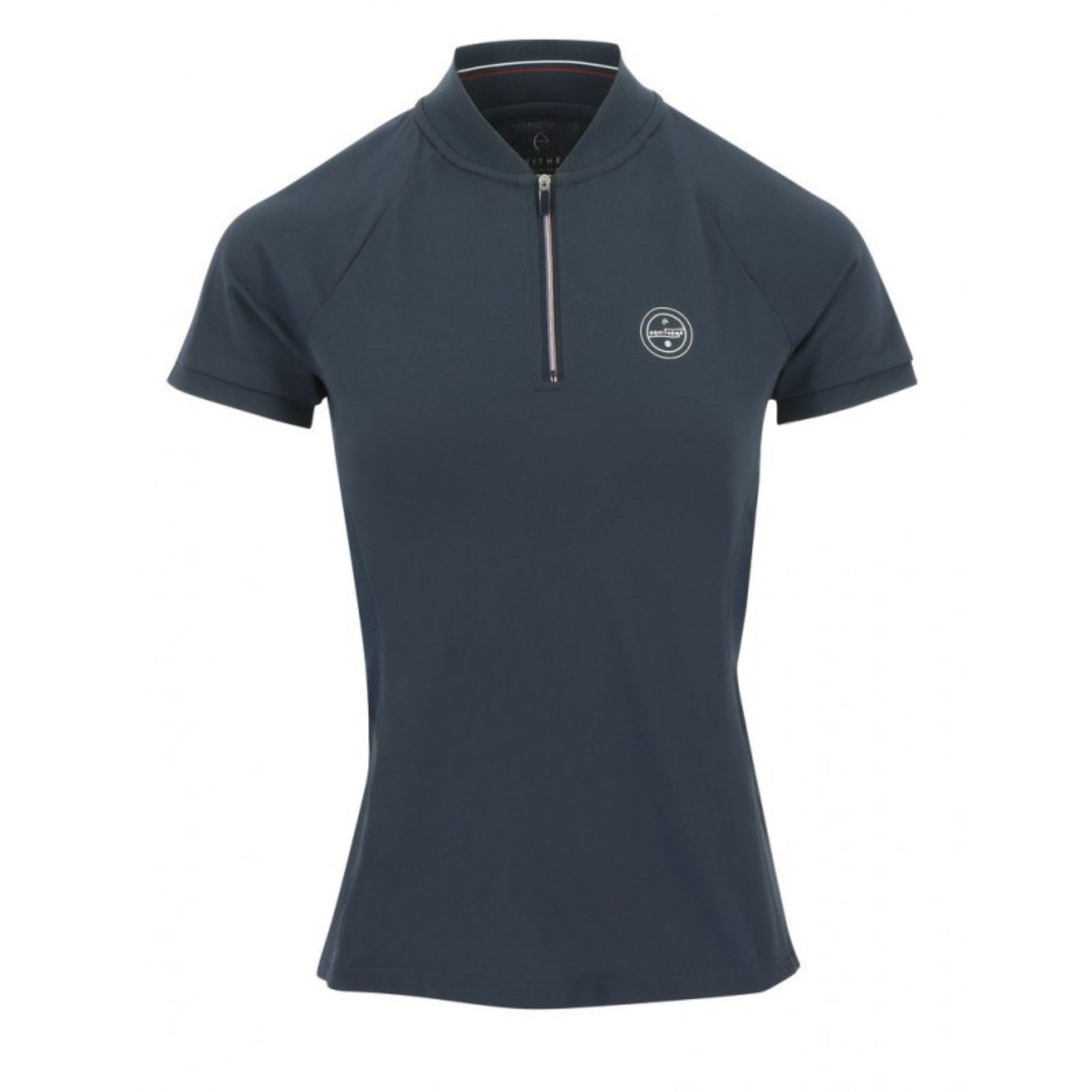 Navy zip polo with Equitheme logo on the left shoulder