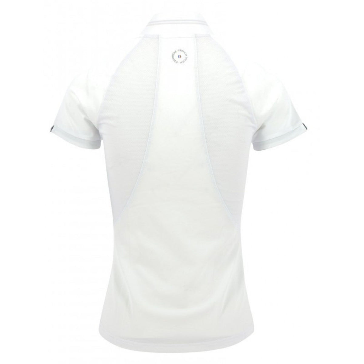 Back of the white polo with mesh panels and Equitheme logo