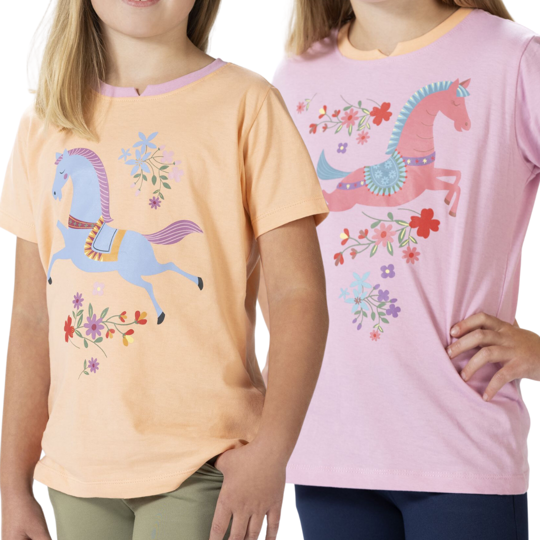 cute kids horse t-shirts in apricot and pink