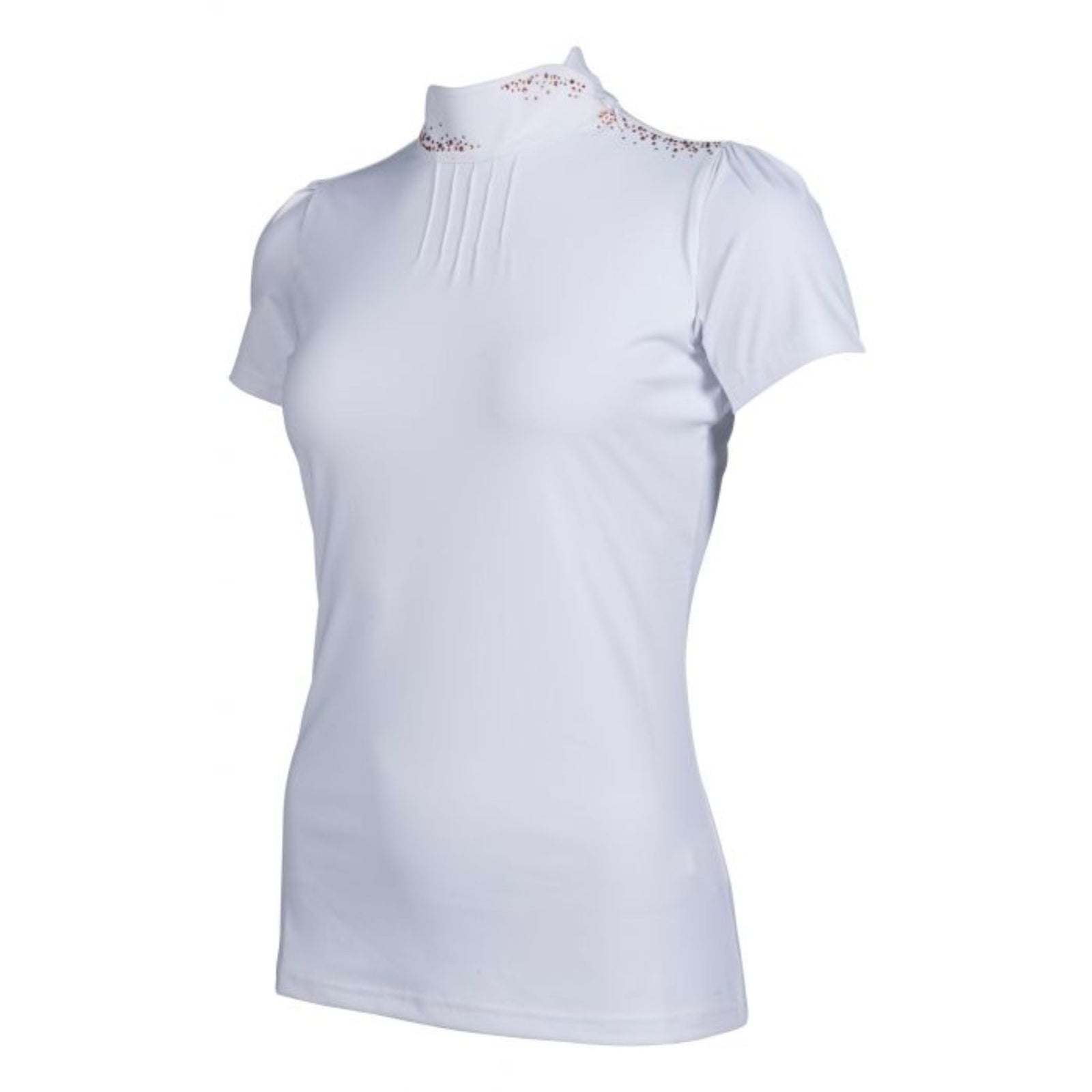 White darya show shirt with rose gold diamantes on neck and shoulder. 