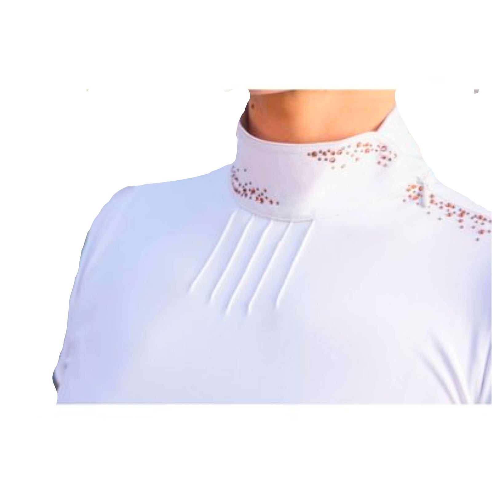 White darya show shirt with rose gold diamantes on neck and shoulder. 