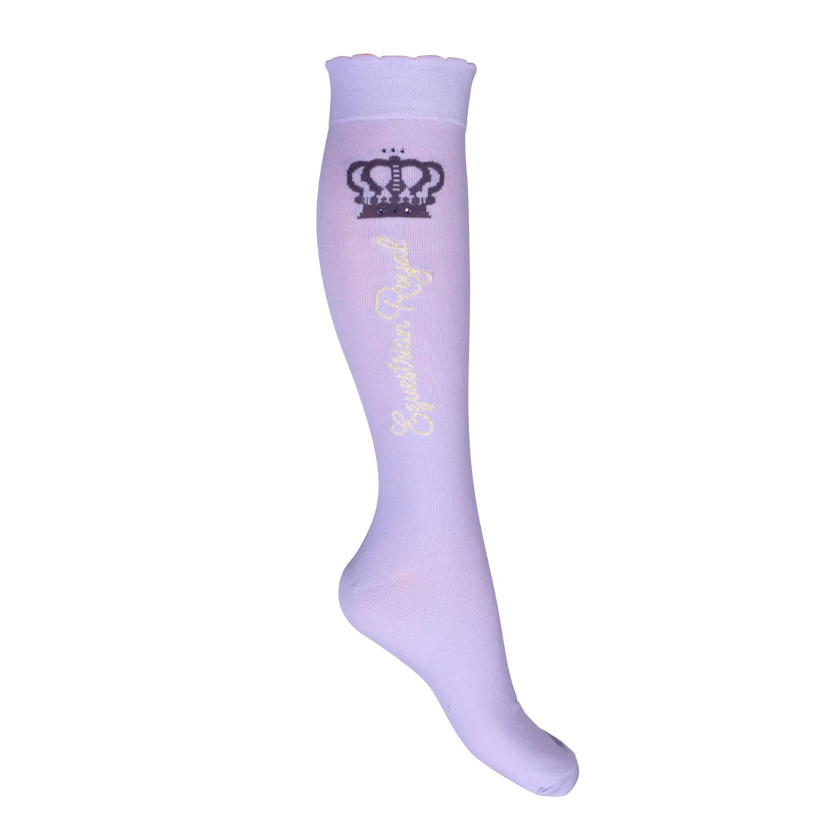 Lavender Bay socks in the colour Lavender detailing the words &quot;equestrian royal&quot; down the side aswell as a crown and diamantes at the top of the socks.
