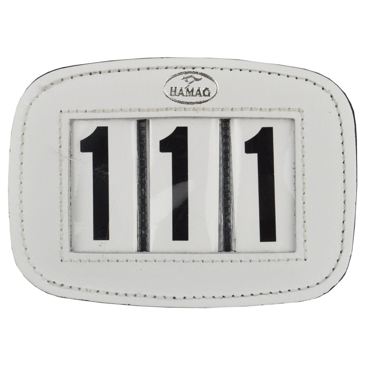 White leather saddle pad number with 3 digits.