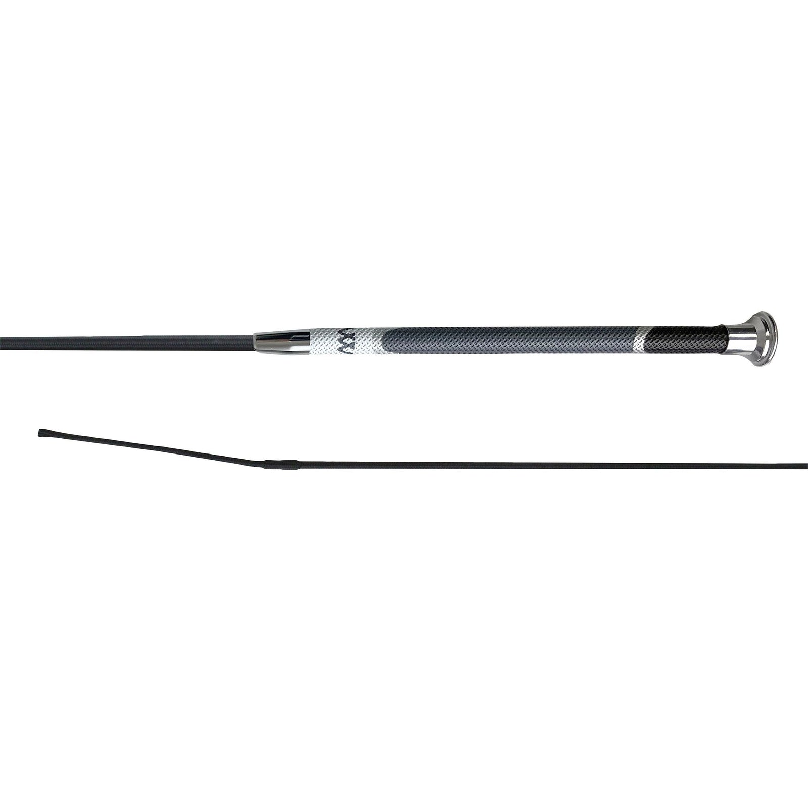 Black dressage whip with grey and silver accents