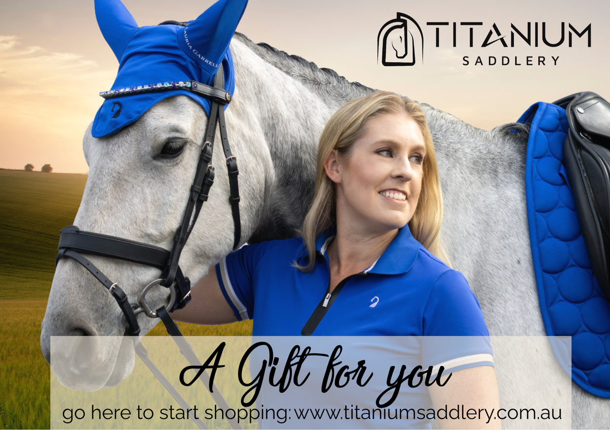 A gift voucher from 'Titanium Saddlery' featuring an image of a horse with a Lady, and text that reads 'A Gift for You' along with a website URL.