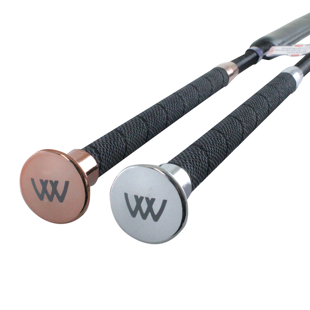 Ends of show jumping bat in rose gold and silver with woof wear logo