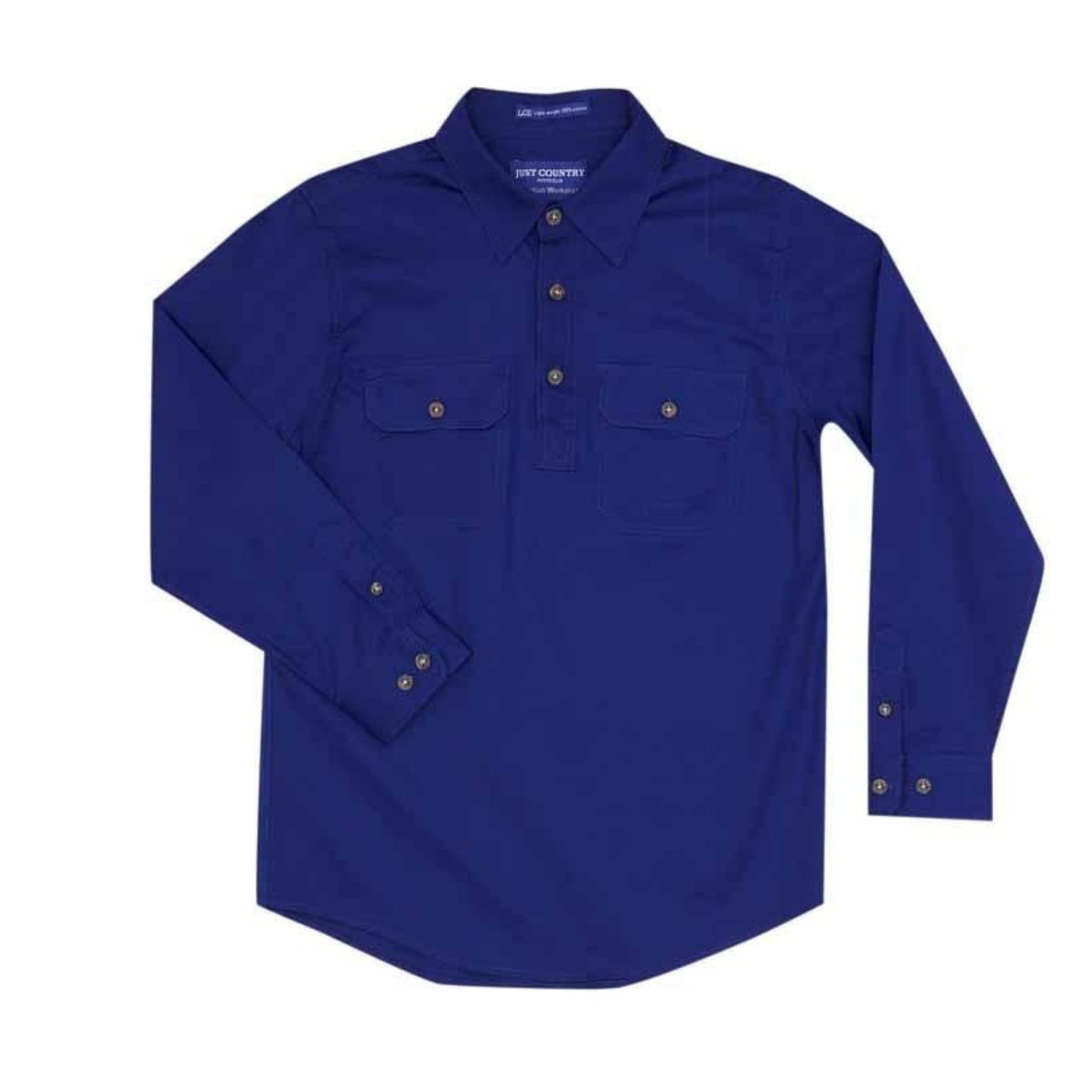 Cobalt cotton work shirt with brown half buttons.