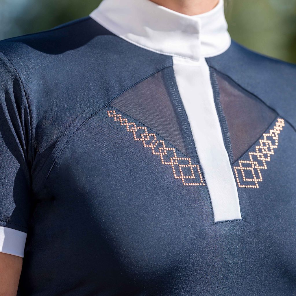navy competition shirt with rose gold diamonds