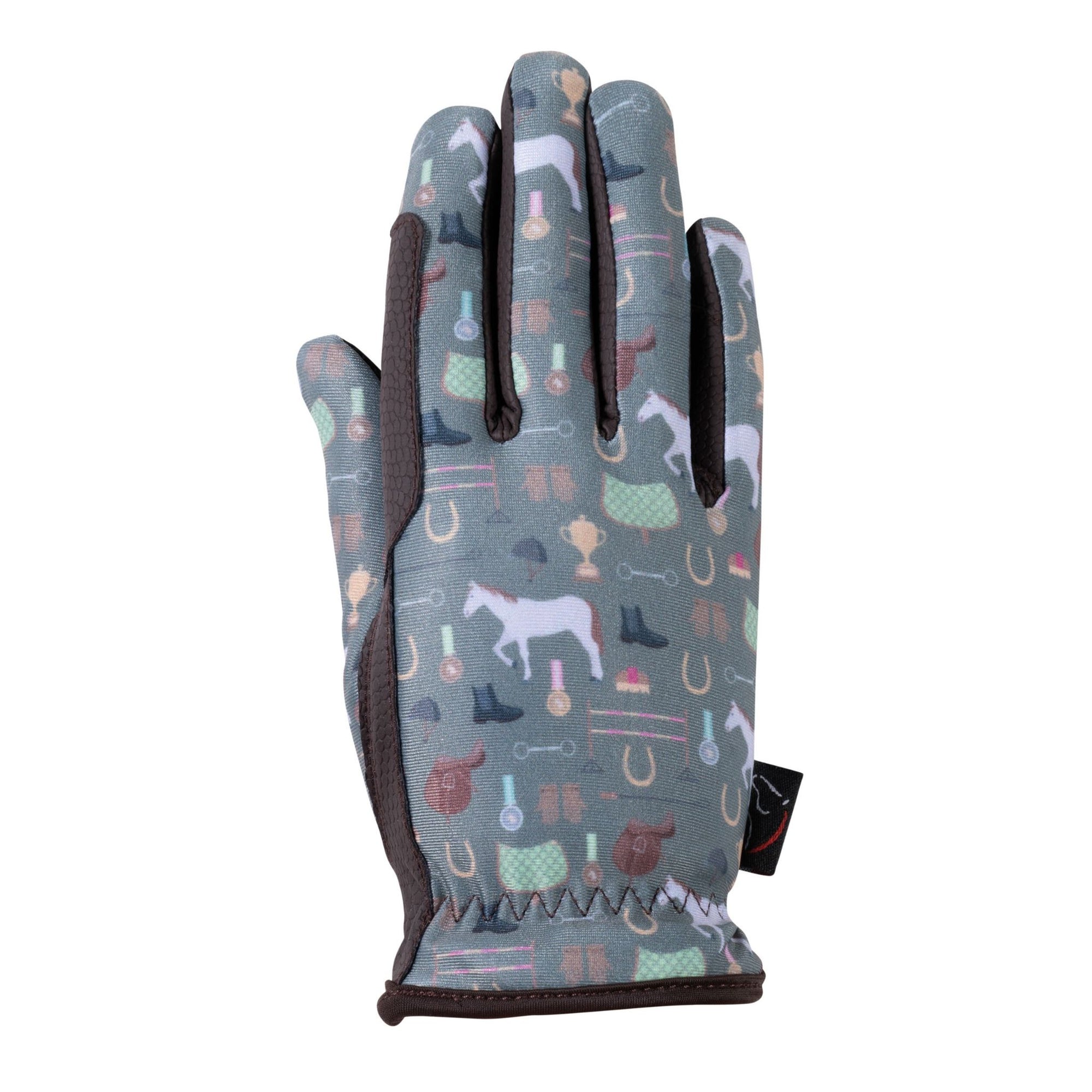Green kids gloves with horse accessories printed on them.