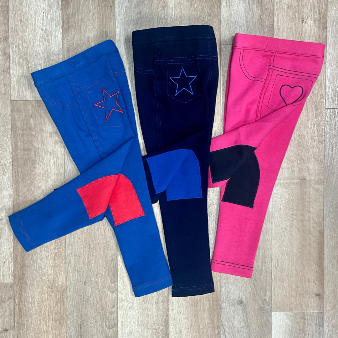Toddler horse riding pants in blue, navy and pink