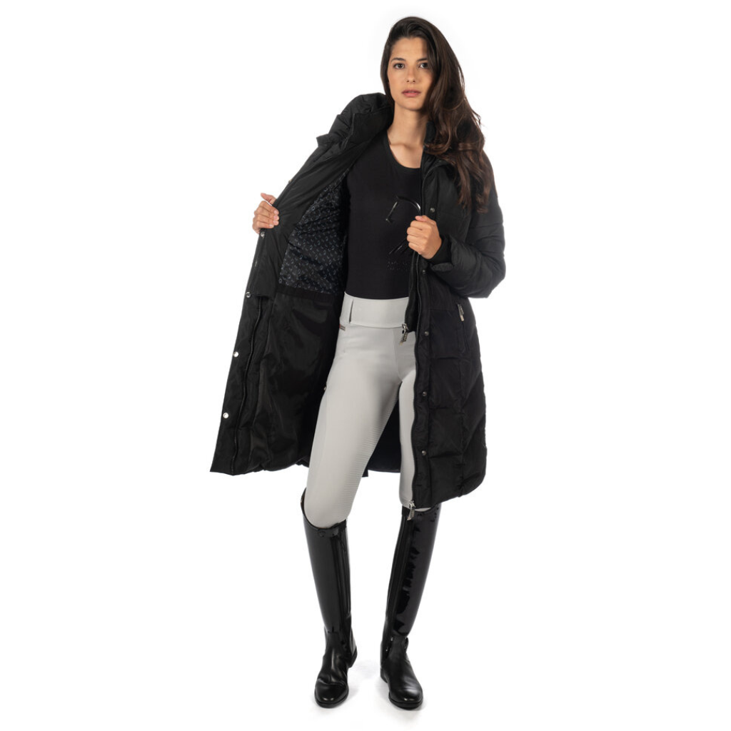 knee length black winter 
puffer jacket / coat  with side splits for horse riding