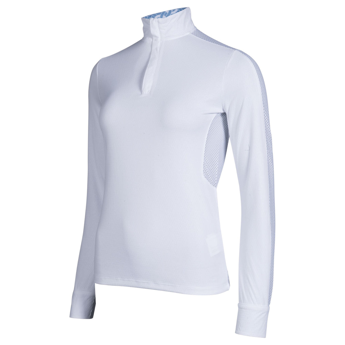 white equestrian top with long sleeves and mesh panels.