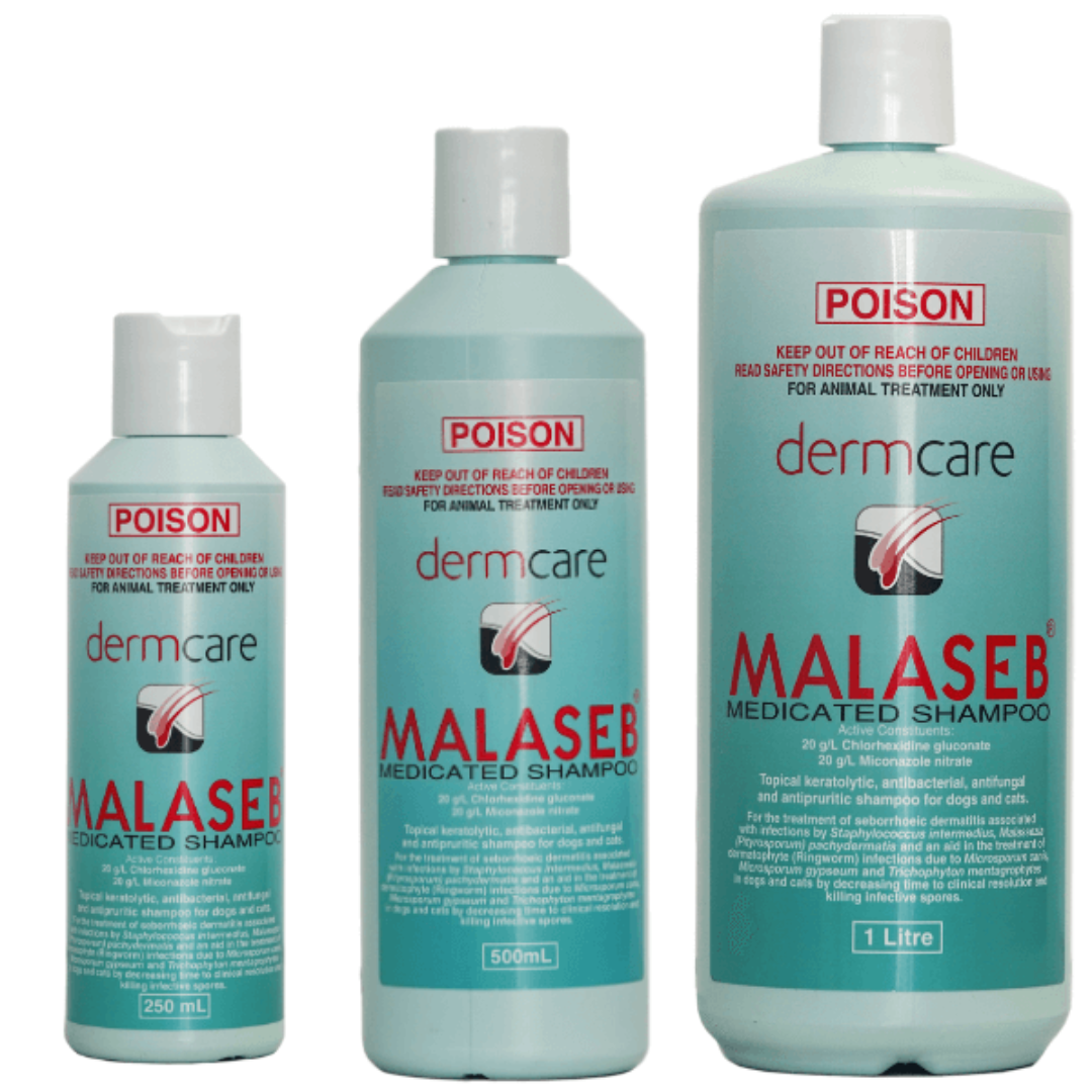 3 bottles of malaseb in varying sizes