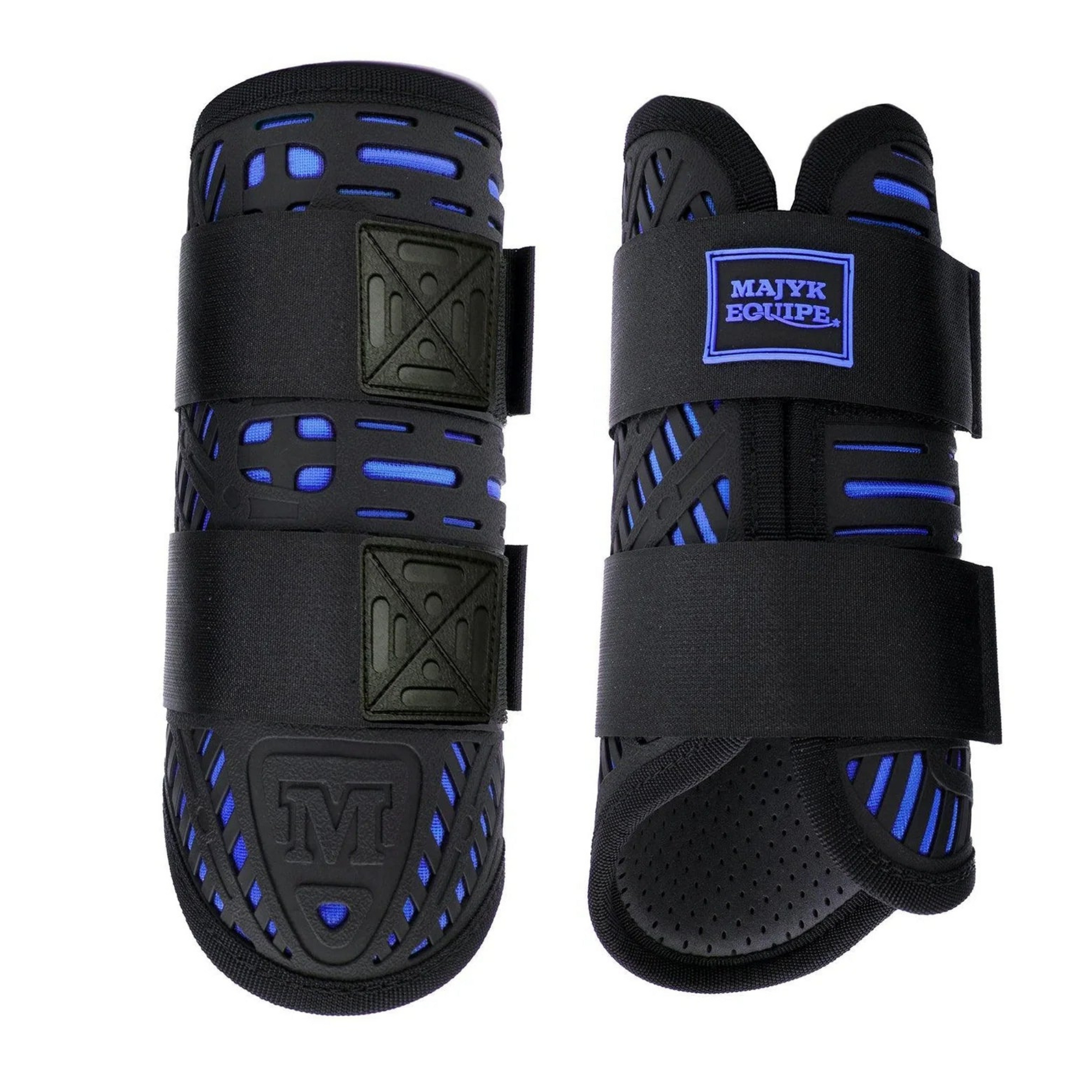 Bright blue and black eventing boots
