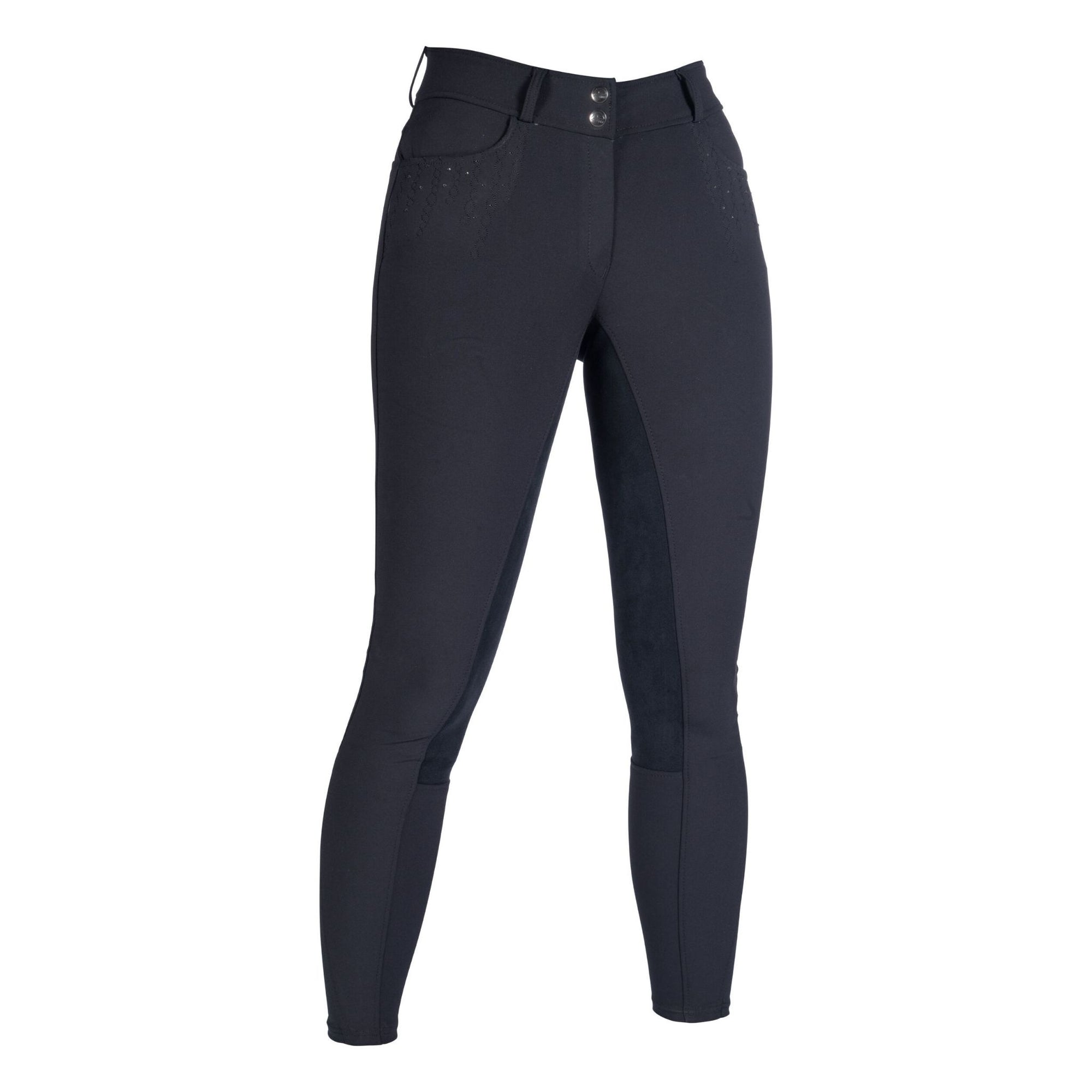 Black suede breeches with crystals on the pockets and a zip and button up waist band.  