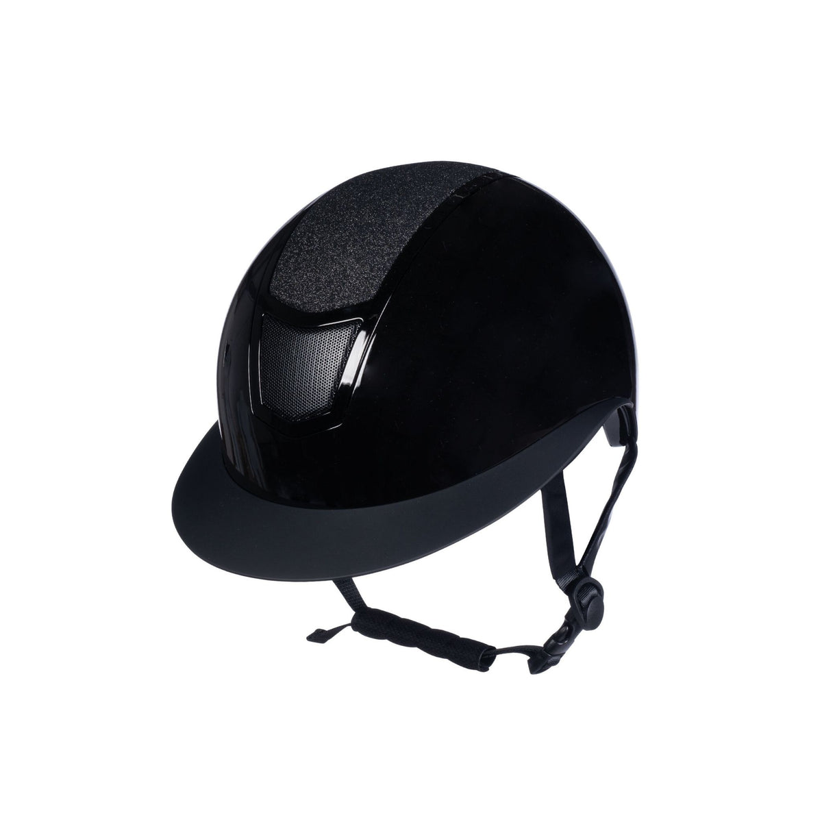 Black shiny helmet with black glitter and a wide visor