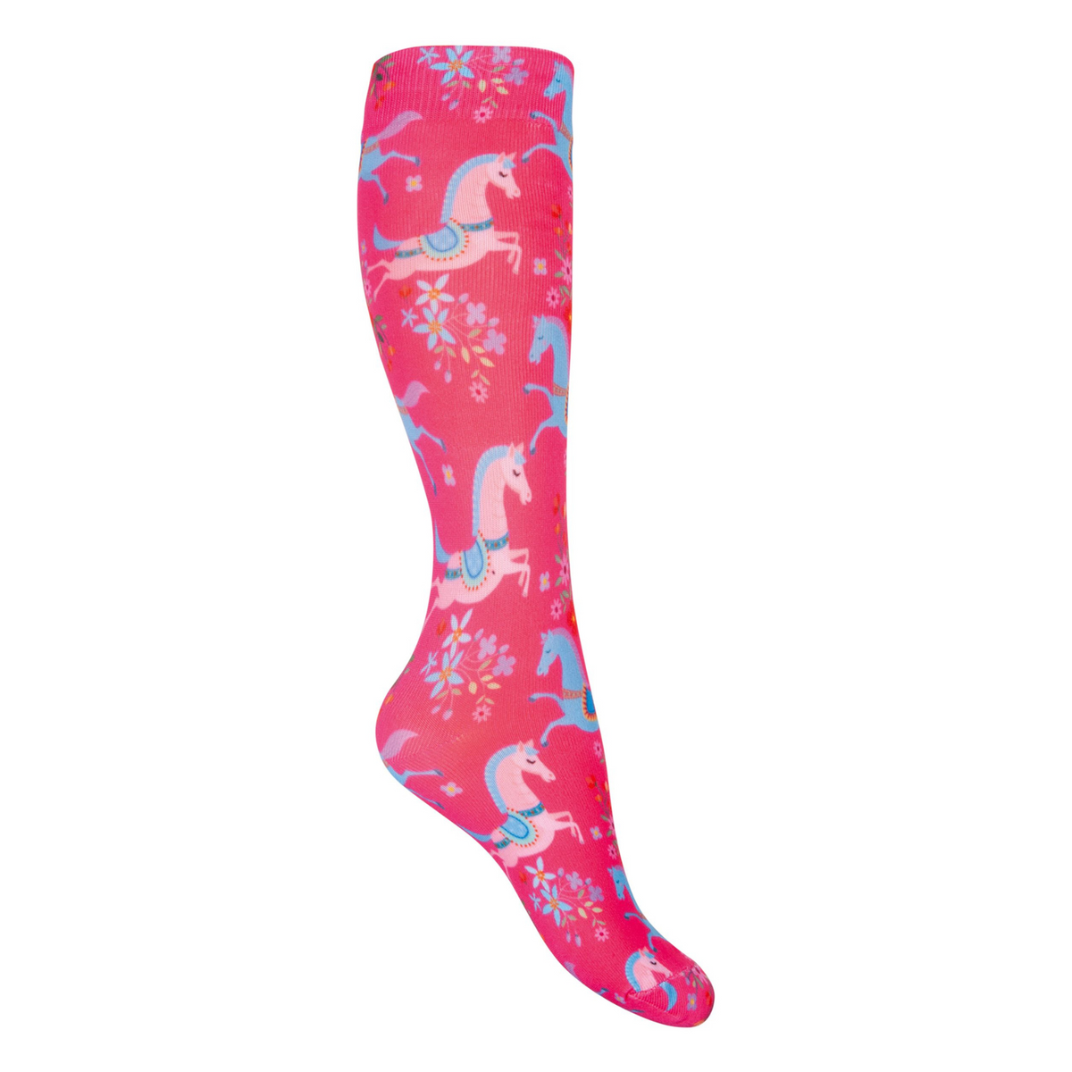 pink kids horse riding socks with blue ponies and flowers