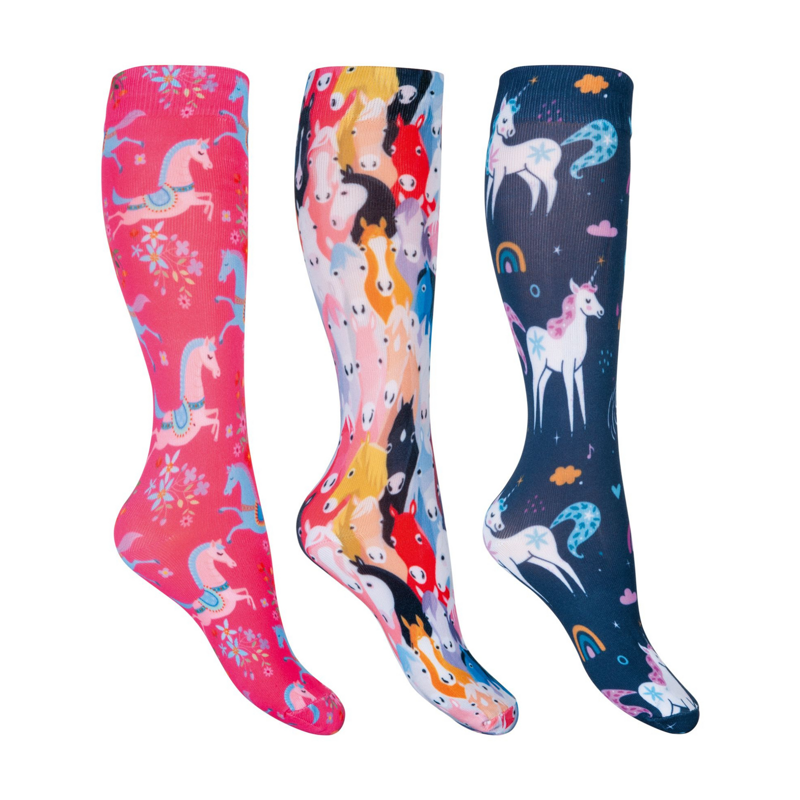 3 children's horse riding socks with pictures of ponies and horses