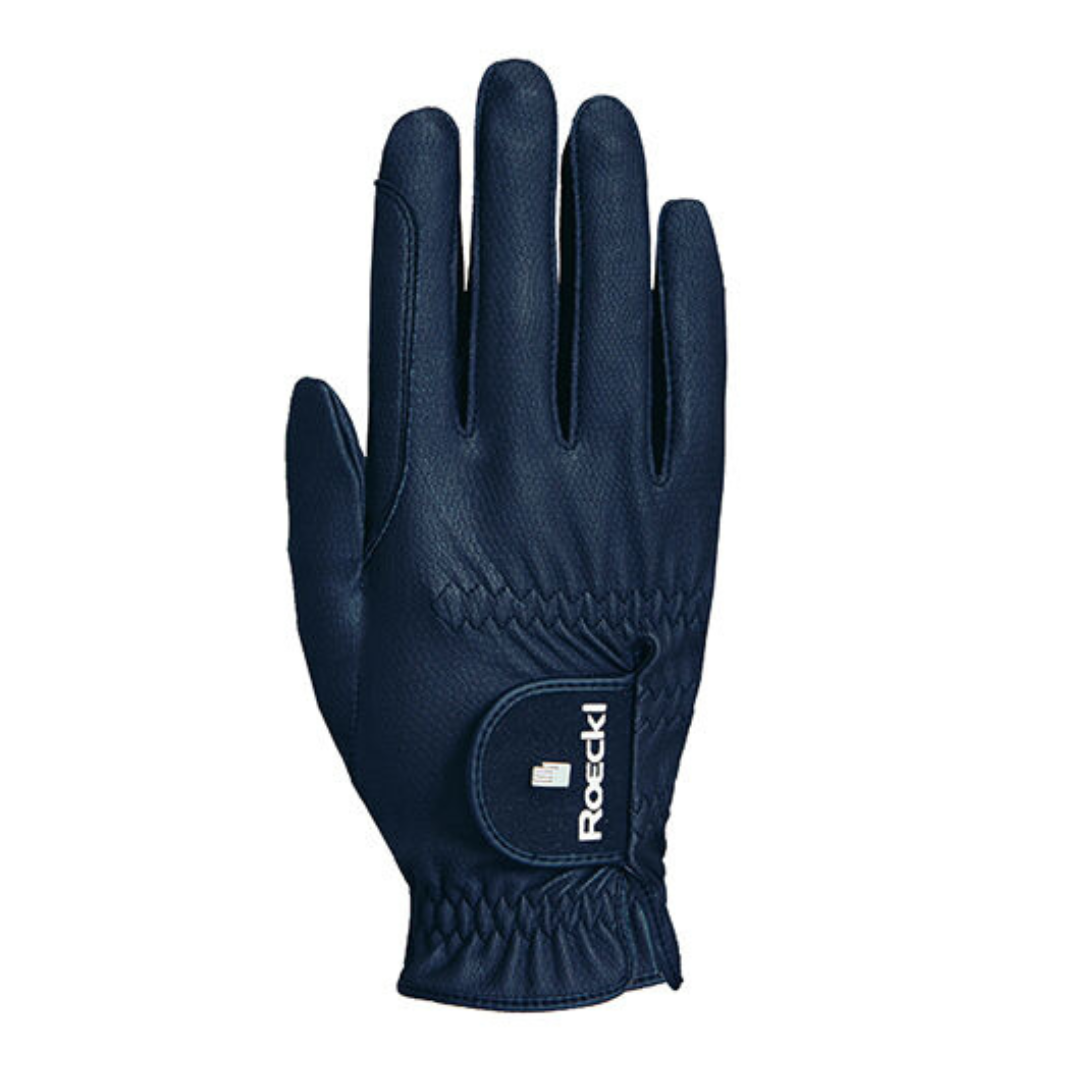 Navy riding gloves with white writing