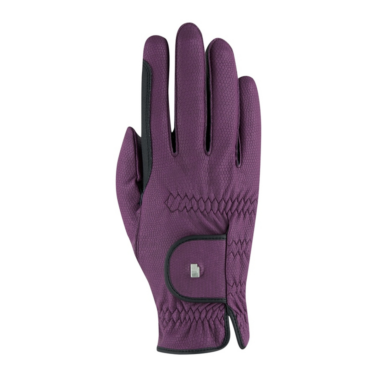 purple horse riding gloves with black binding