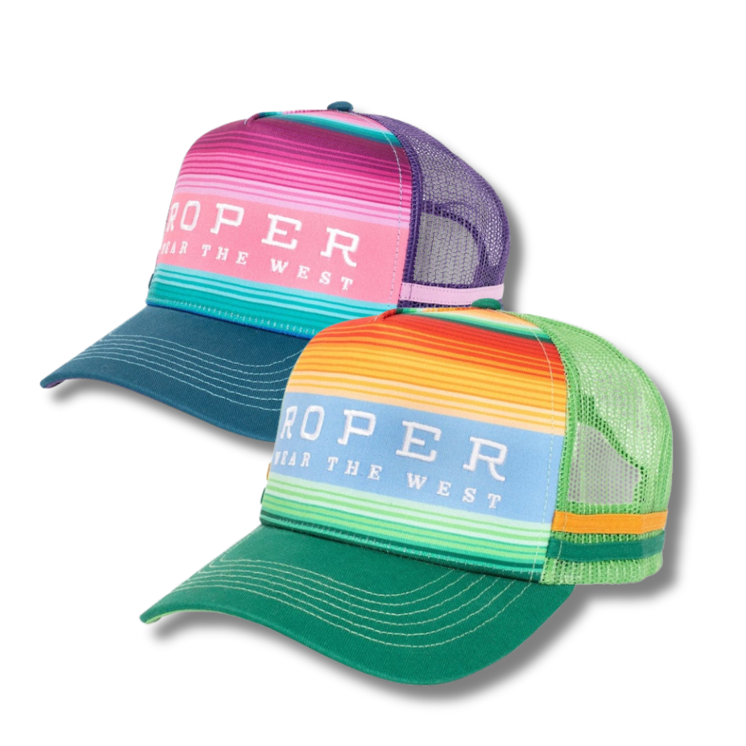 brightly coloured trucker caps with stripes and logo