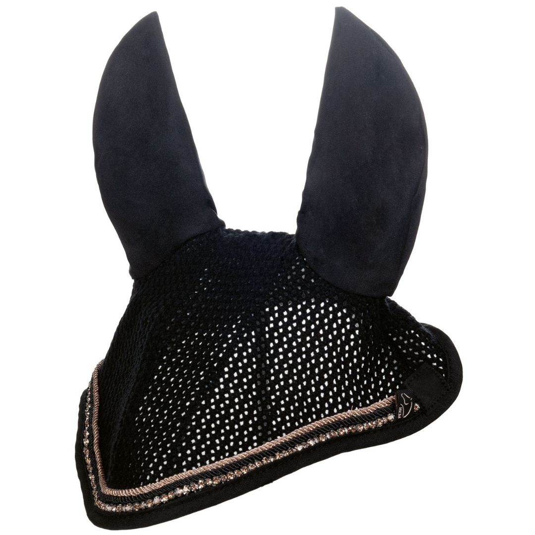 black horse bonnet with rose gold diamantes and trim on grey horse