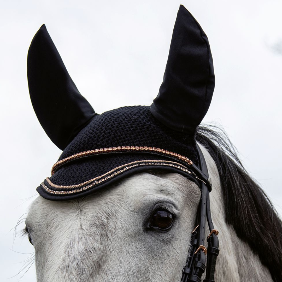 black horse bonnet with rose gold diamantes and trim on grey horse