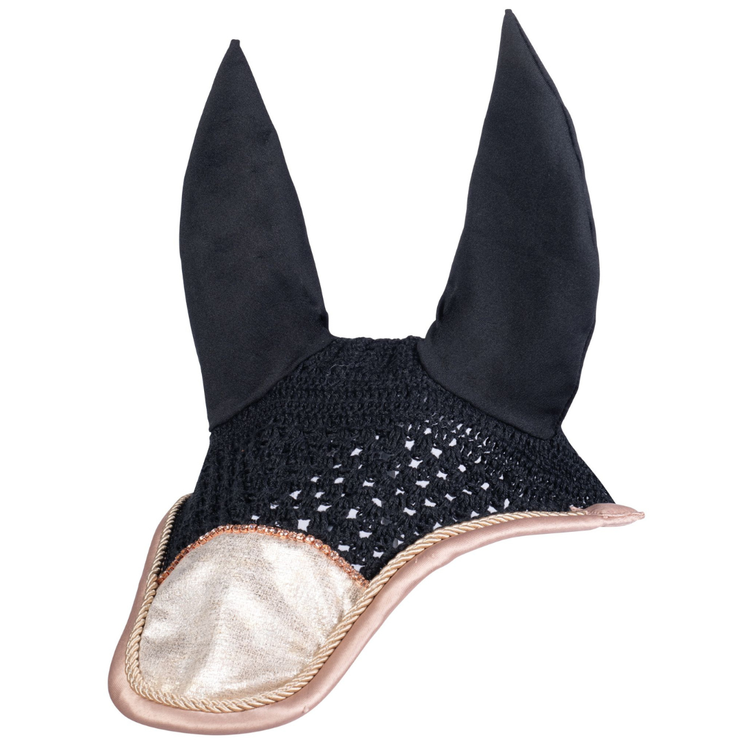 horse ear bonnet with black top and rose gold trim