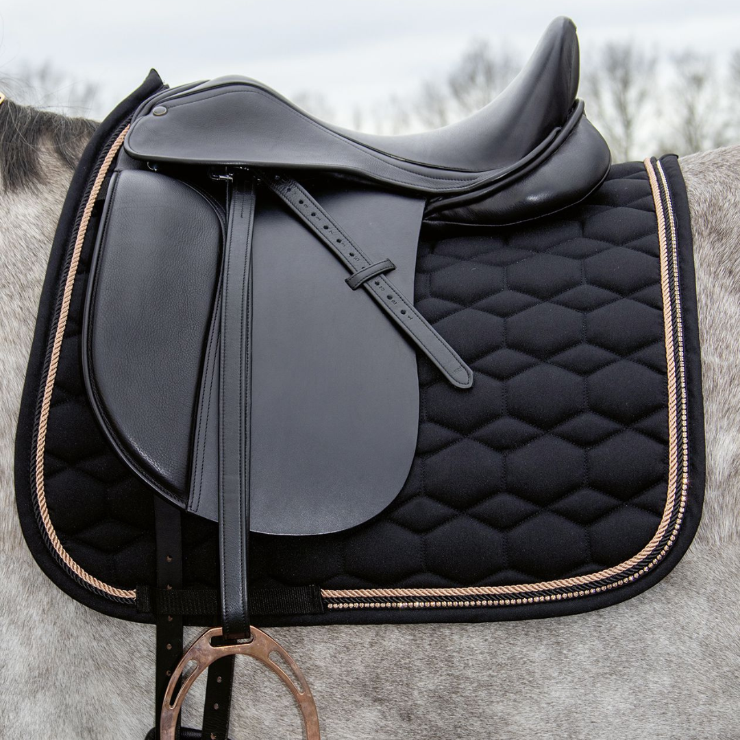 Black saddle pad with rose gold trim