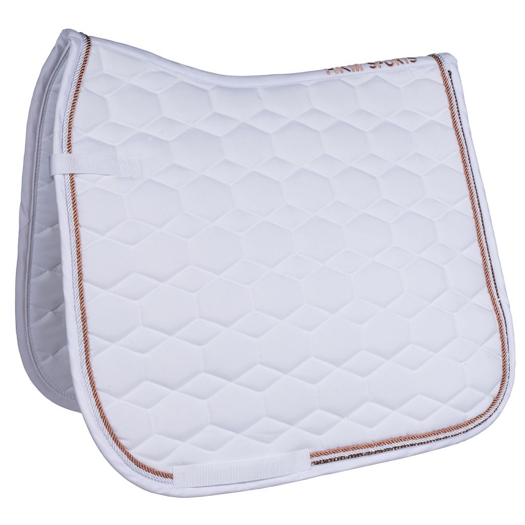 white dressage saddle pad with rose gold trim