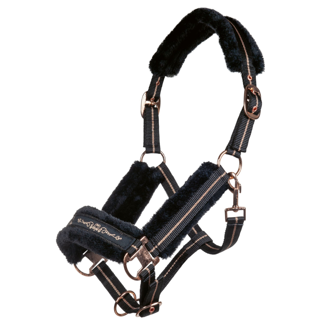 black webbing halter with rose gold buckles and trim