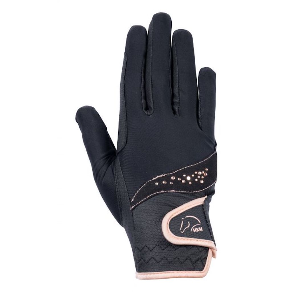 black equestrian gloves with rose gold trim and diamantes