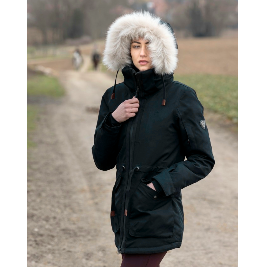 warm and cosy equestrian jacket with faux fur hood trim