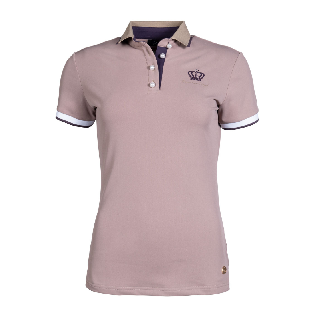 Taupe polo riding shirt with purple and white trim