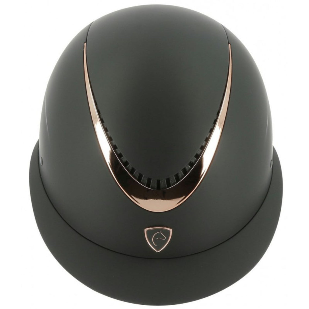 wide brimmed black helmet with rose gold accents 