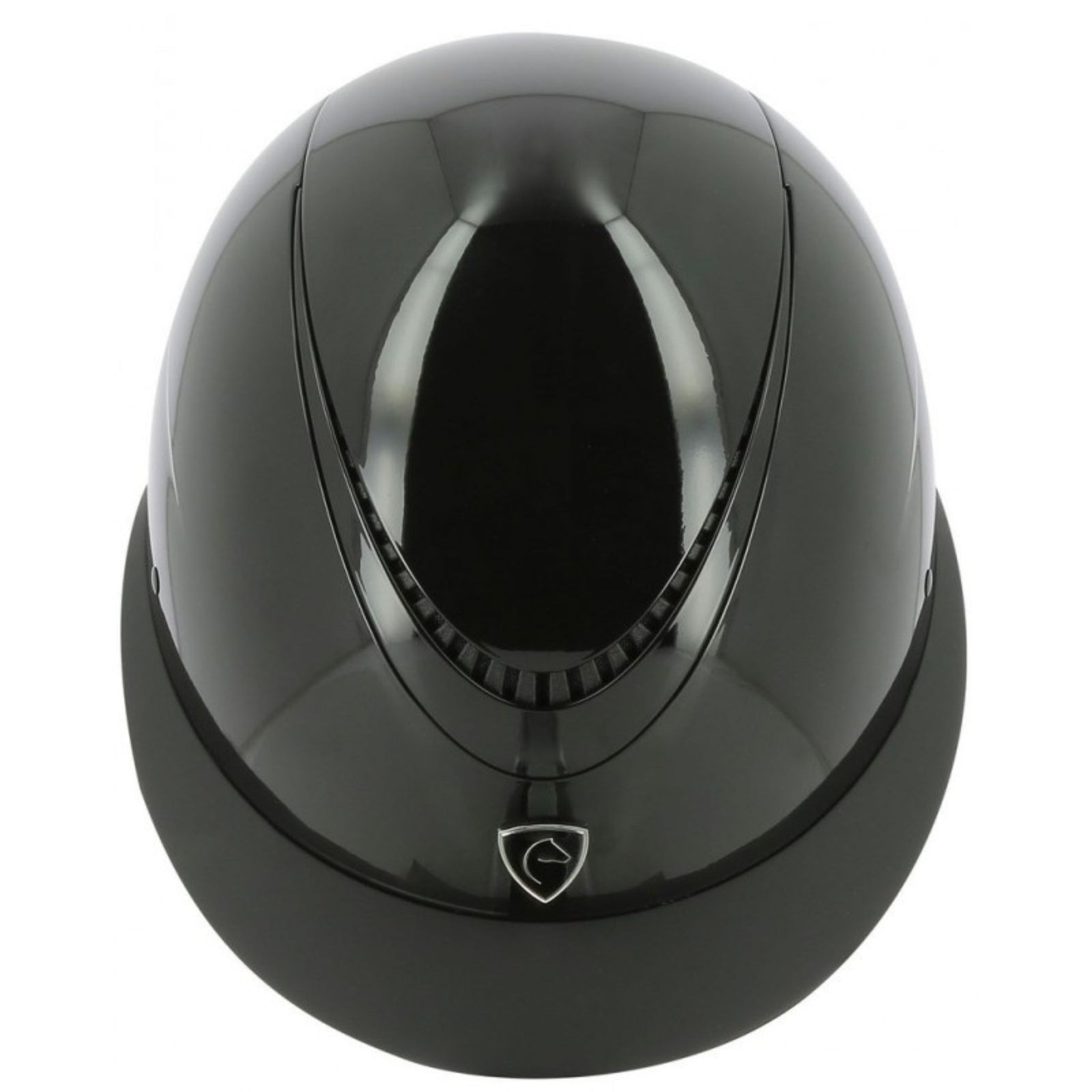 Shiny balck helmet with a wide brim and the Equitheme logo in the front middle