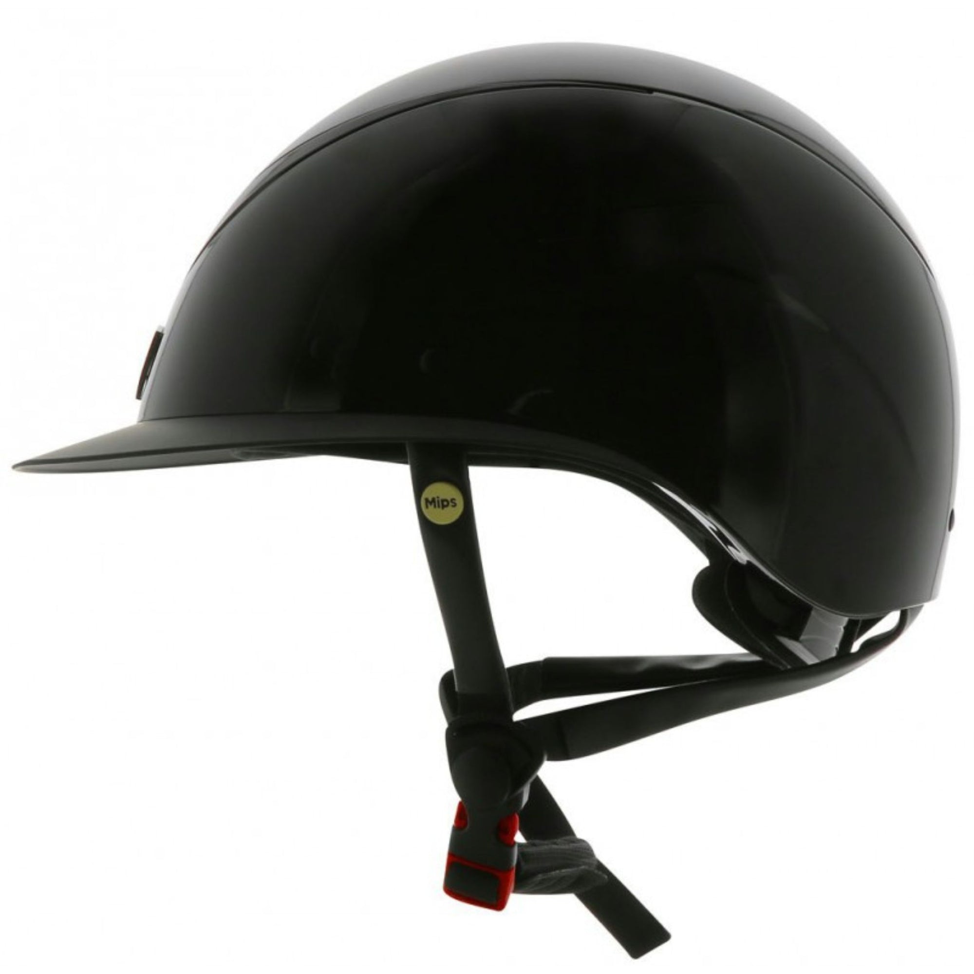 Shiny balck helmet with a wide brim and the Equitheme logo in the front middle