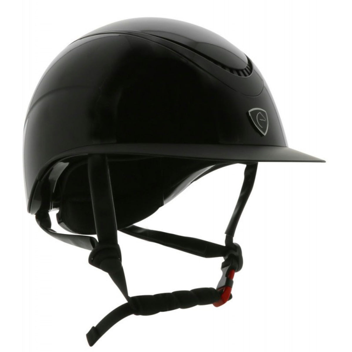 Right side of the shiny black helmet
