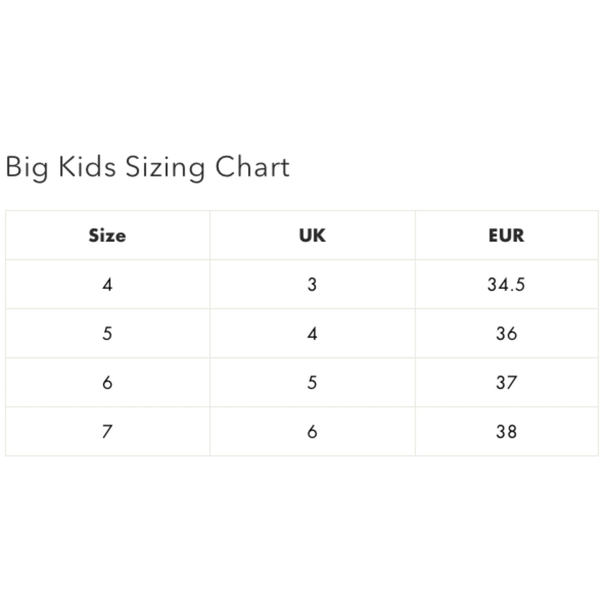 Sizing guide for bigger kids.