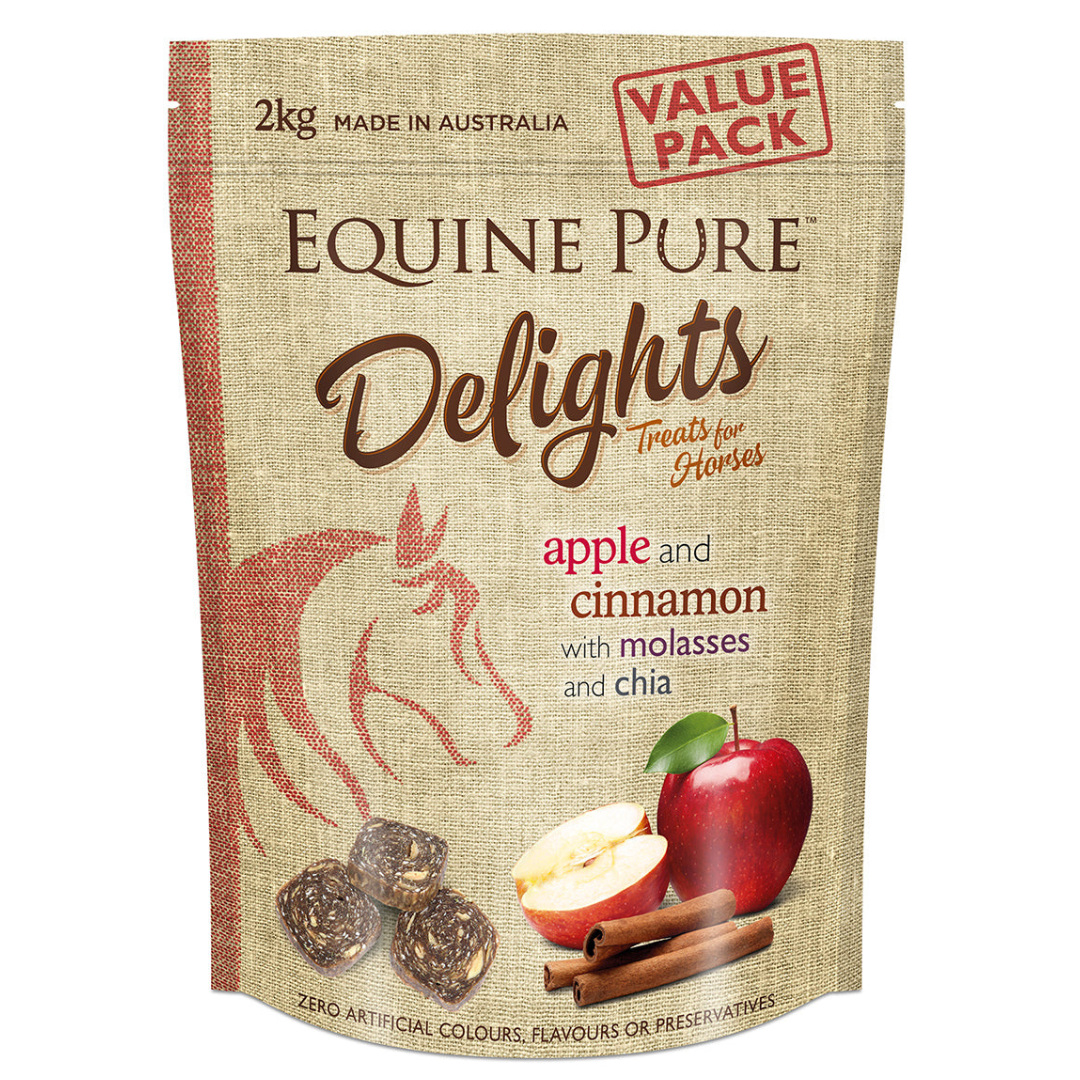 Sealed packet of apple and cinnamon horse treats in beige colour.