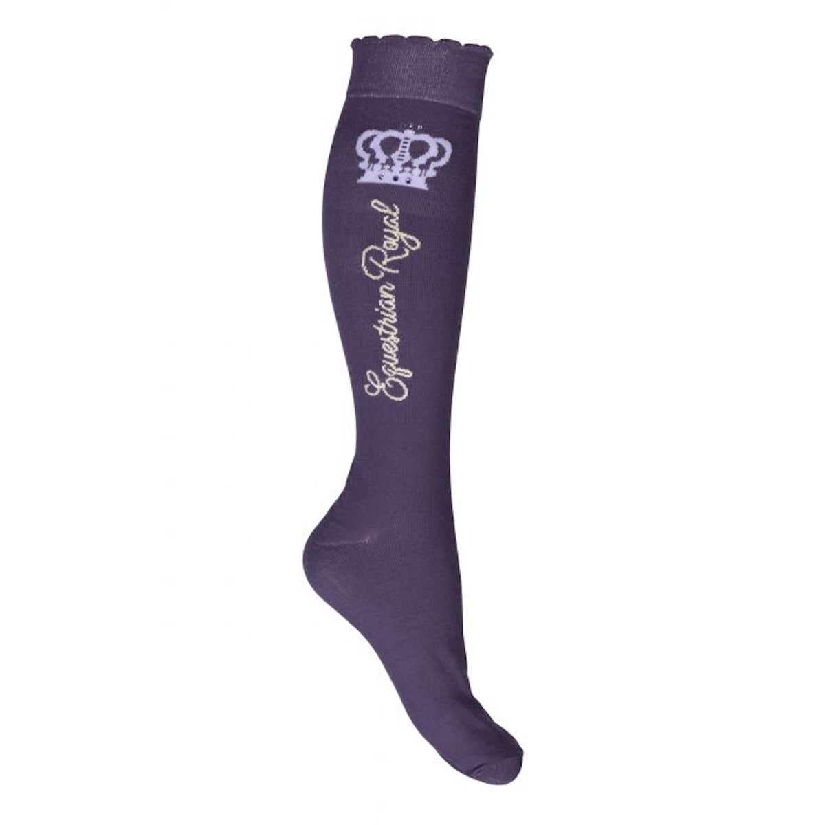 Lavender Bay socks in the colour dark lilac detailing the words &quot;equestrian royal&quot; down the side aswell as a crown and diamantes at the top of the socks.