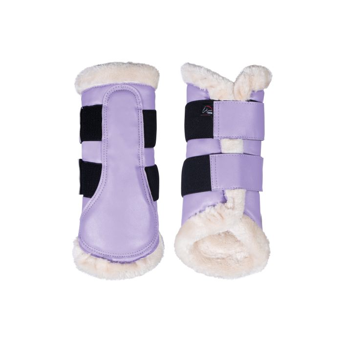 Dark purple horse boots with fleece and black elastic and velcro straps