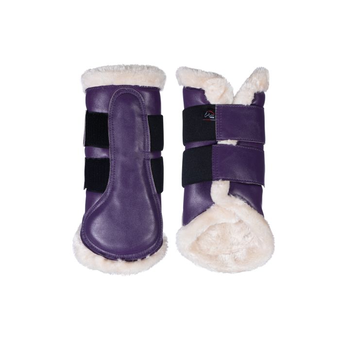 Dark purple horse boots with fleece and black elastic and velcro straps