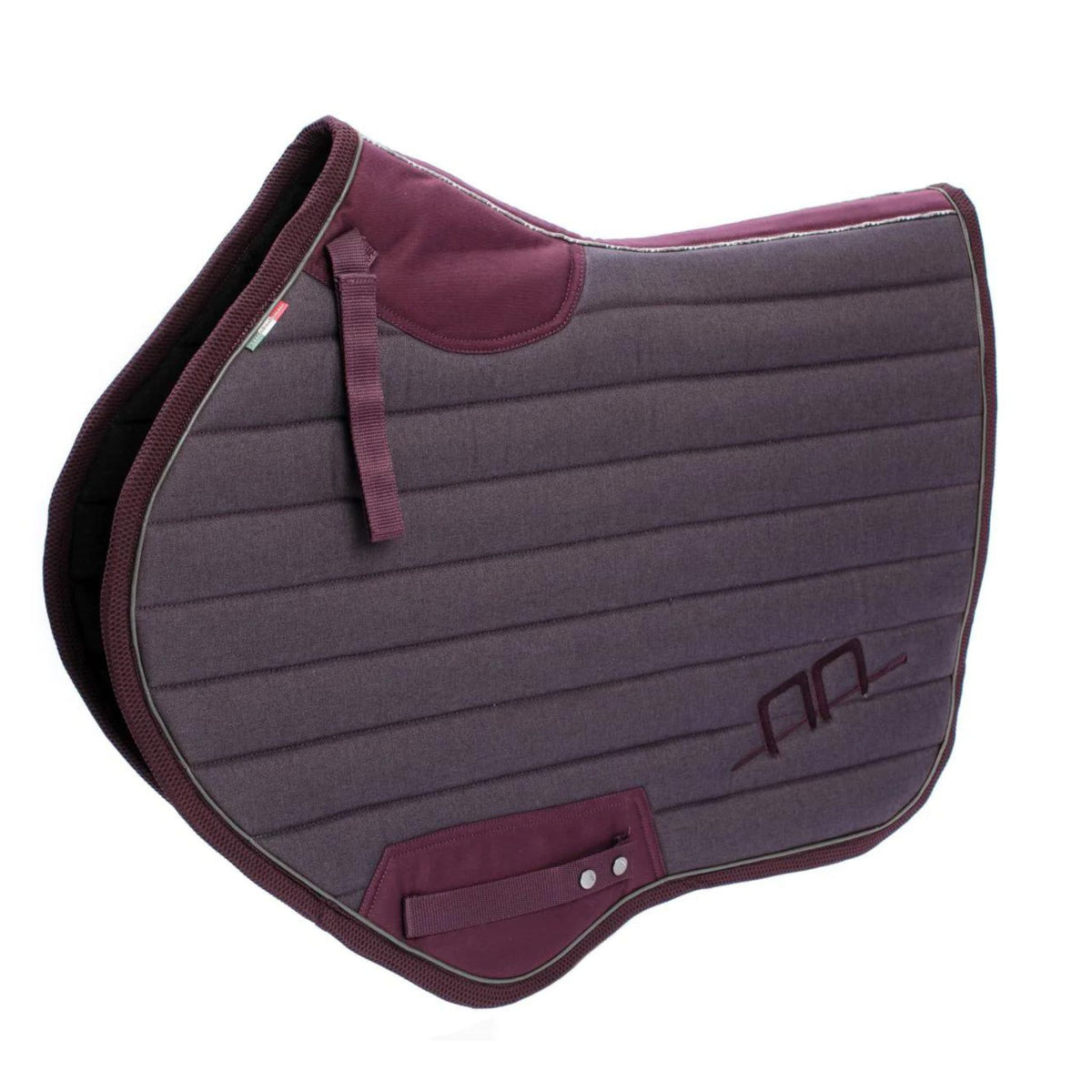 Pomegranate and charcoal sports saddle pad with the AA platinum log embroidered  in a deep red wine colour    