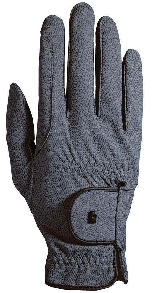Grey equestrian gloves with black binding