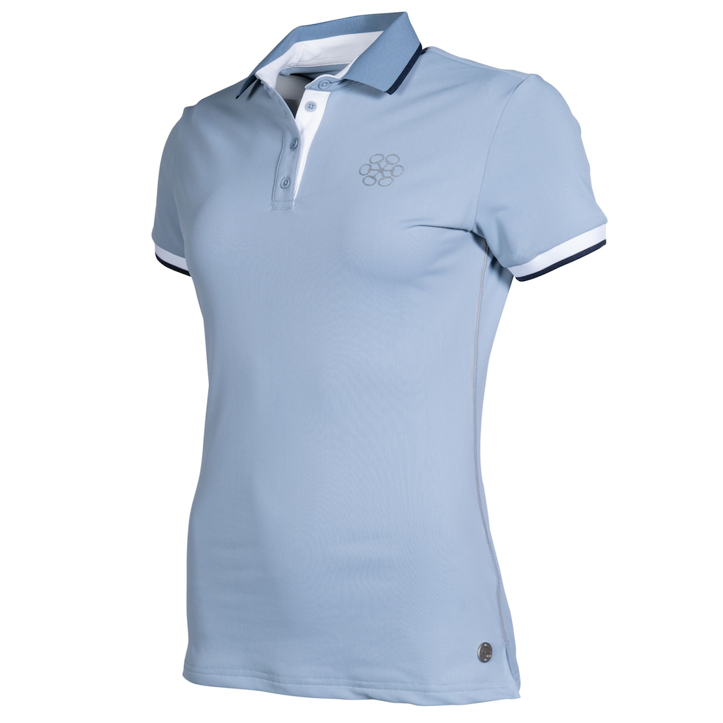 pale blue polo shirt with white and navy trim