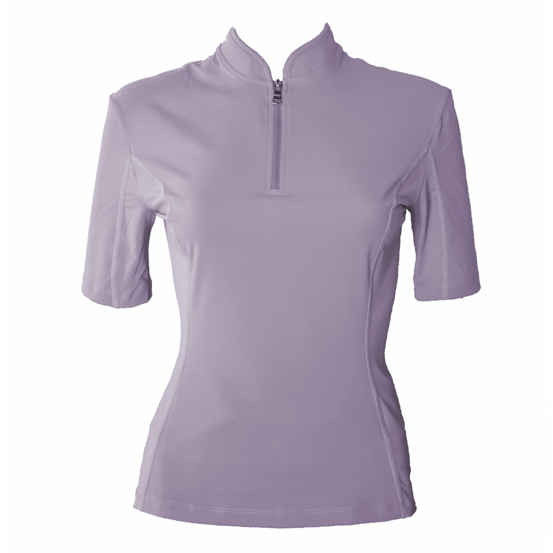 light purple horse riding top with zip front and mesh panels