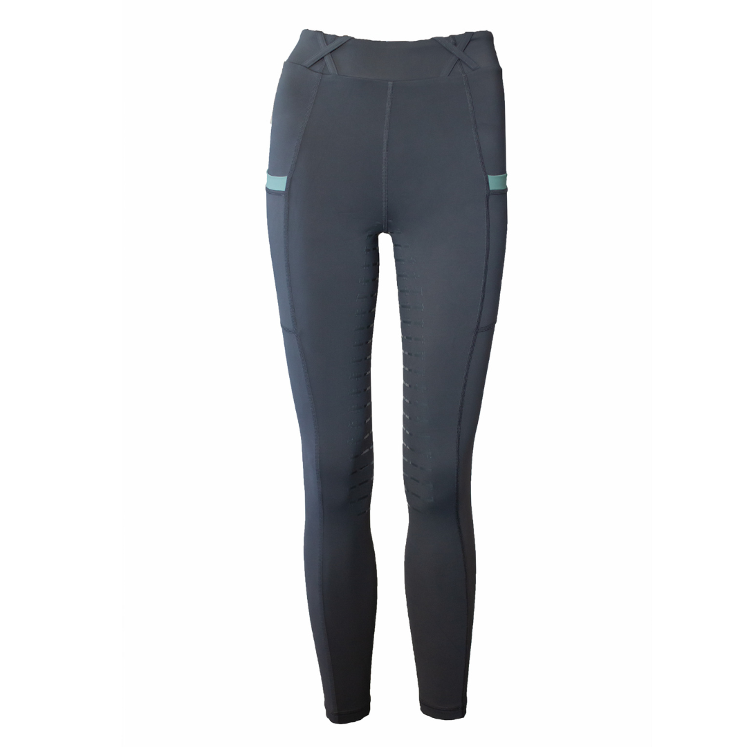 grey horse riding tights with pale green trim on pockets