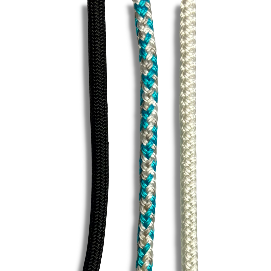 Blue and white neck rope around neck of model horse.